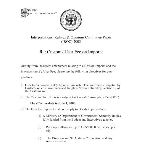 Document preview: 2003 IROC GCT - Customs user Fee — Reference, Jamaica (CERFA n°2003+iroc+gct+-+customs+user+fee)