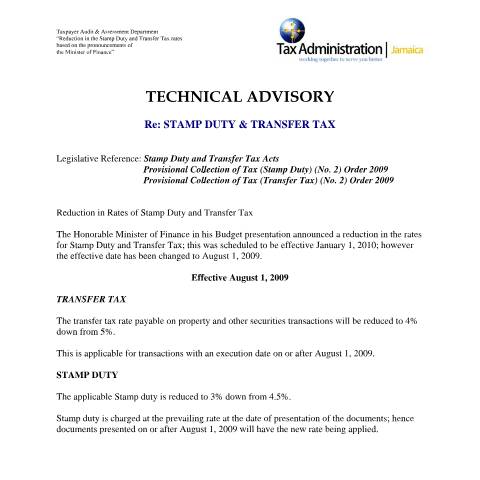 Document preview: 2009.IROC.SDTT - Reduction in Stamp Duty and Transfer Tax Rates — Reference, Jamaica (CERFA n°2009.iroc.sdtt+-+reduction+in+stamp+duty+and+transfer+tax+rates)