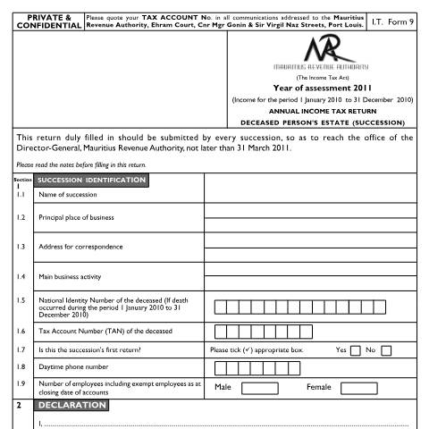 Document preview: 2011 — Form, Mauritius (CERFA n°ReturnSuccession2011)