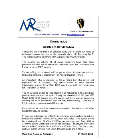 Document preview: Income Tax Forms 2012 (08.3.2012) — Document, Mauritius (CERFA n°CommniqueIncomeTaxForms2012)