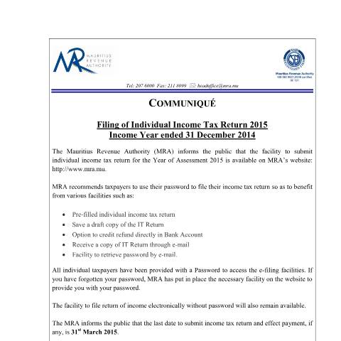 Document preview: Filing of Individual Income Tax Return 2015 (25.02.15) — Form, Mauritius (CERFA n°CommuniqueFiling250215)