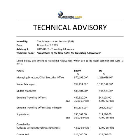 Document preview: 2015.03.IT – Travelling Allowance — Document, Jamaica (CERFA n°technical+advisory+-+2015+03+it+-+Travelling+Allowance)