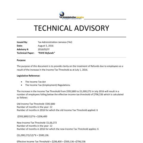 Document preview: 2016.02.IT - PAYE Refunds — Document, Jamaica (CERFA n°technical+advisory+-+2016+03+it+-+paye+refunds)