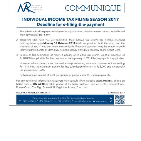 Document preview: Individual Income Tax : Deadline for e-filing &amp; e-payment (03.10.17) — Document, Mauritius (CERFA n°DeadlineFiling2017)