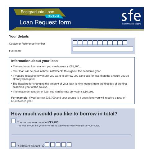 Document preview: 2019 to 2020 Postgraduate Doctoral Loan request form — Student Loans Company, United Kingdom
