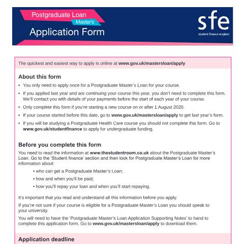 Document preview: 2020 to 2021 Student finance application forms and notes for postgraduate Master's students — Student Loans Company, United Kingdom