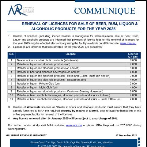 Document preview: Deadline for Renewal of Licences for Sale of Beer, Rum, Liquor &amp; Alcoholic Products for the year 2025 (17.12.24) — Document, Mauritius (CERFA n°LicencesRenewal171224)