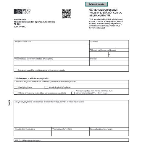 Document preview: 6C Veroilmoitus – yhdistys, säätiö, kunta, seurakunta ym. (3067) — 6C Veroilmoitus – yhdistys, säätiö ym. (3067), Suomi (CERFA n°Vero 3067)