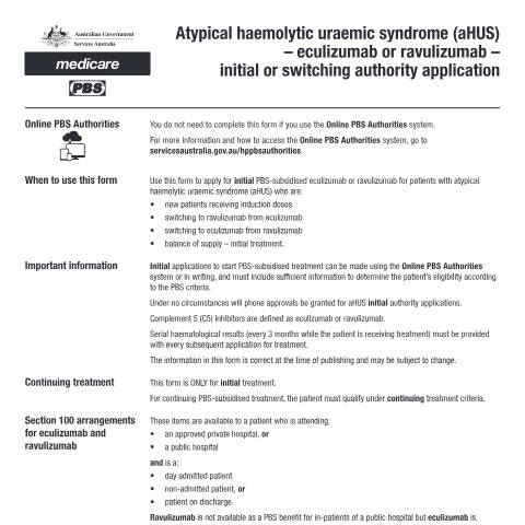 Document preview: Atypical haemolytic uraemic syndrome (aHUS) - eculizumab or ravulizumab - initial or switching authority application form (PB119) — Services Australia — Health professionals, Australia (CERFA n°PB119)