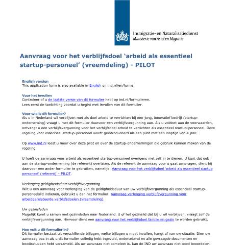 Documentvoorvertoning: Aanvraag voor het verblijfsdoel ‘arbeid als essentieel startup-personeel’ (vreemdeling) – PILOT — IND — immigratie, Nederland (CERFA n°7071)