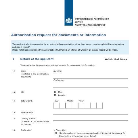 Documentvoorvertoning: Authorization request for documents or information — IND — immigratie, Nederland (CERFA n°7655)