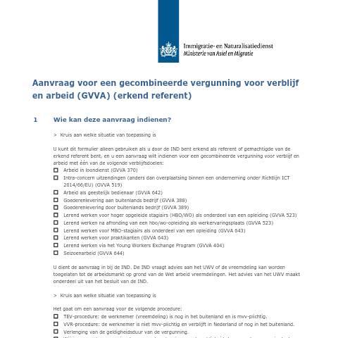 Documentvoorvertoning: Aanvraag voor een gecombineerde vergunning voor verblijf en arbeid (GVVA) (erkend referent) — IND — immigratie, Nederland (CERFA n°7042)
