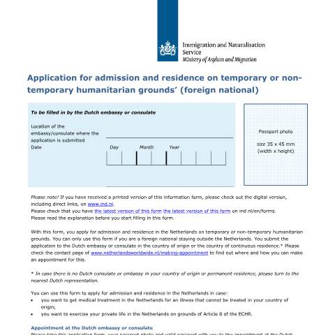 Documentvoorvertoning: Application for admission and residence on temporary or non-temporary humanitarian grounds’ — IND — immigratie, Nederland (CERFA n°9522)