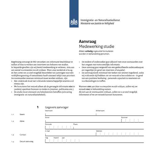 Documentvoorvertoning: Aanvraag Medewerking studie — IND — immigratie, Nederland (CERFA n°9006)