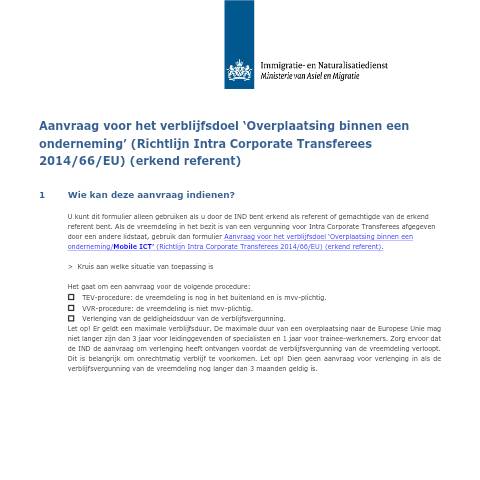Documentvoorvertoning: Aanvraag voor het verblijfsdoel 'Overplaatsing binnen een onderneming' (Richtlijn Intra Corporate Transferees 2014/66/EU) (erkend referent) — IND — immigratie, Nederland (CERFA n°7060)