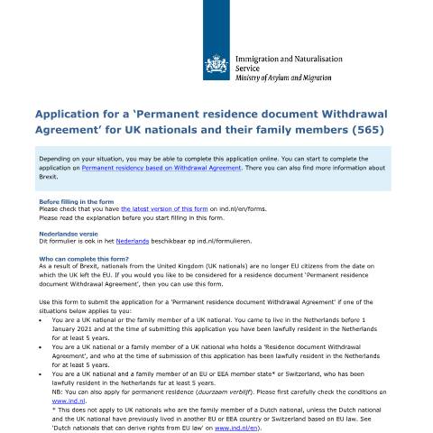 Documentvoorvertoning: Application for a ‘Permanent residence document Withdrawal Agreement’ for UK nationals and their family members (565) — IND — immigratie, Nederland (CERFA n°6540)