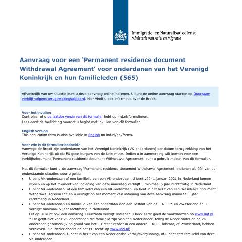 Documentvoorvertoning: Aanvraag voor een ‘Permanent residence document Withdrawal Agreement’ voor onderdanen van het Verenigd Koninkrijk en hun familieleden (565) — IND — immigratie, Nederland (CERFA n°6040)