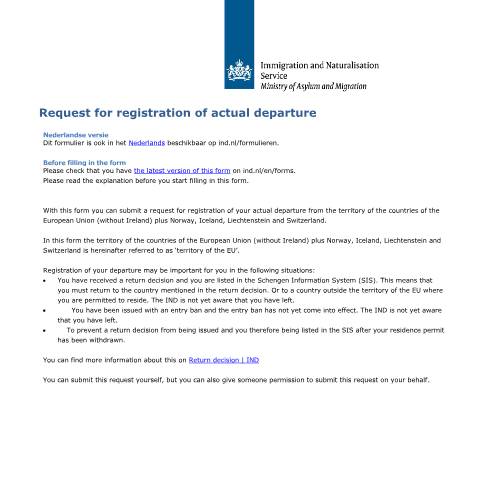 Documentvoorvertoning: Request for registration of actual departure — IND — immigratie, Nederland (CERFA n°9505)
