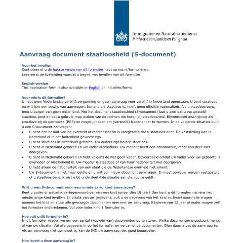 Documentvoorvertoning: Aanvraag document staatloosheid (S-document) — IND — immigratie, Nederland (CERFA n°6008)