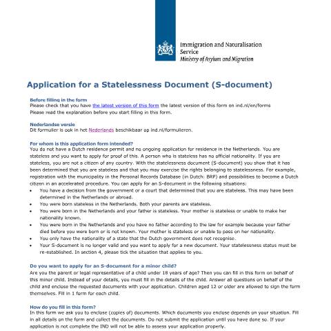Documentvoorvertoning: Application for a Statelessness Document (S-document) — IND — immigratie, Nederland (CERFA n°6508)