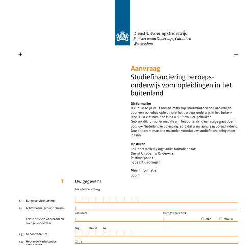Documentvoorvertoning: Aanvraag studiefinanciering beroepsonderwijs voor opleidingen in het buitenland — DUO — Formulieren studiefinanciering mbo, Nederland