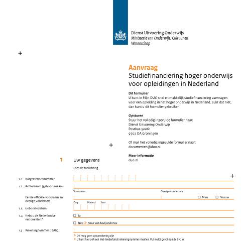 Documentvoorvertoning: Aanvraag studiefinanciering hoger onderwijs voor opleidingen in Nederland — DUO — Formulieren studiefinanciering hbo en universiteit, Nederland