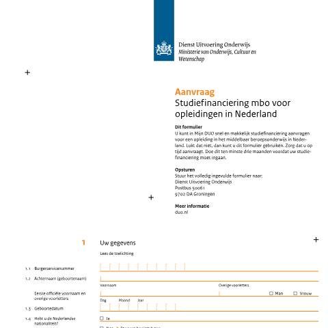 Documentvoorvertoning: Aanvraag studiefinanciering mbo voor opleidingen in Nederland — DUO — Formulieren studiefinanciering mbo, Nederland