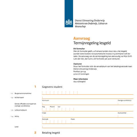 Documentvoorvertoning: Aanvraag termijnregeling lesgeld — DUO — Formulieren studiefinanciering mbo, Nederland