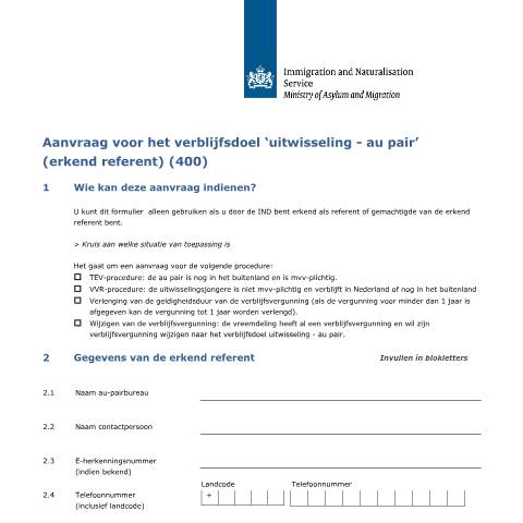 Documentvoorvertoning: Aanvraag voor het verblijfsdoel 'uitwisseling - au pair' (erkend referent) — IND — immigratie, Nederland (CERFA n°7002)