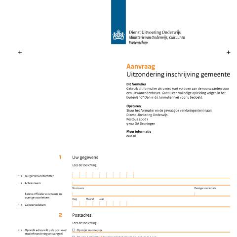 Documentvoorvertoning: Aanvraag uitzondering inschrijving gemeente — DUO — Formulieren studiefinanciering mbo, Nederland