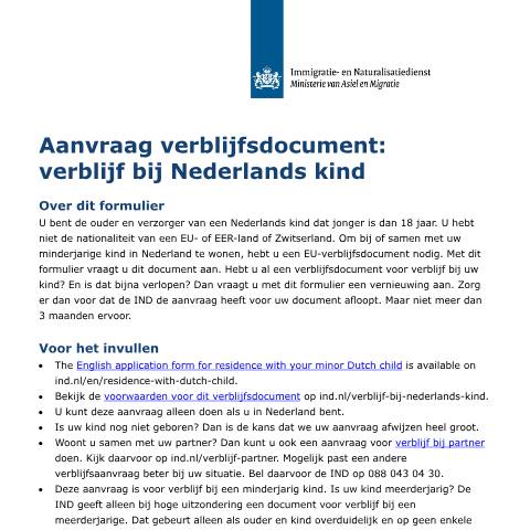 Documentvoorvertoning: Aanvraag verblijfsdocument: verblijf bij Nederlands kind — IND — immigratie, Nederland (CERFA n°B10004)