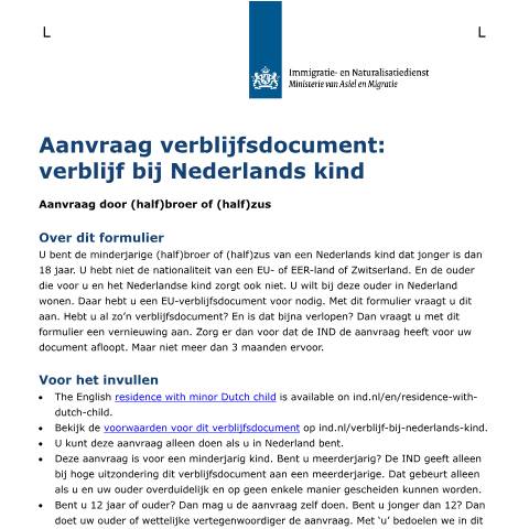 Documentvoorvertoning: Aanvraag verblijfsdocument: verblijf bij Nederlands kind — IND — immigratie, Nederland (CERFA n°B10005)