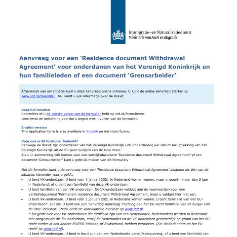 Documentvoorvertoning: Aanvraag voor een ‘Residence document Withdrawal Agreement’ voor onderdanen van het Verenigd Koninkrijk en hun familieleden (566) — IND — immigratie, Nederland (CERFA n°6030)