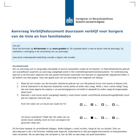 Documentvoorvertoning: Aanvraag verblijfsdocument duurzaam verblijf voor burgers van de Unie en hun familieleden — IND — immigratie, Nederland (CERFA n°6012)