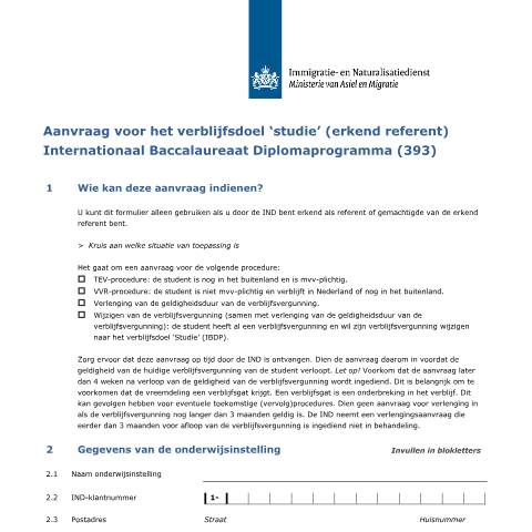 Documentvoorvertoning: Aanvraag voor het verblijfsdoel 'studie' (erkend referent) Internationaal Baccalaureaat Diplomaprogramma — IND — immigratie, Nederland (CERFA n°7006)