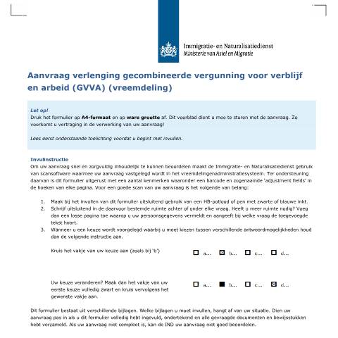 Documentvoorvertoning: Aanvraag verlenging gecombineerde vergunning voor verblijf en arbeid (GVVA) (vreemdeling) — IND — immigratie, Nederland (CERFA n°7048)