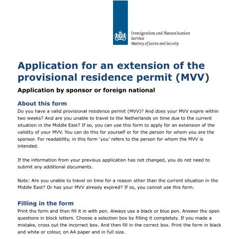 Documentvoorvertoning: Application for an extension of the provisional residence permit (MVV) — IND — immigratie, Nederland (CERFA n°B01001E)