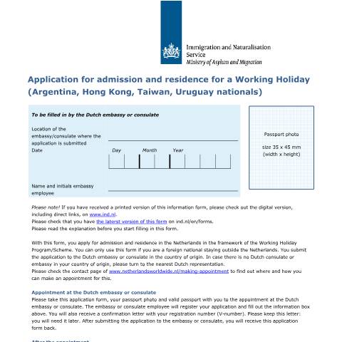 Documentvoorvertoning: Application for admission and residence for a Working Holiday (Argentina, Hong Kong, Taiwan, Uruguay nationals) — IND — immigratie, Nederland (CERFA n°9561)