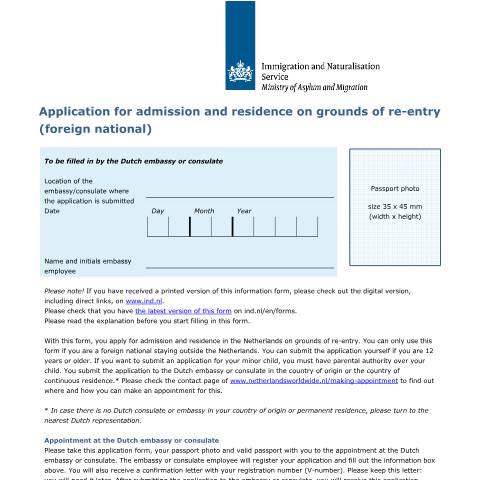 Documentvoorvertoning: Application for admission and residence on grounds of re-entry (foreign national) — IND — immigratie, Nederland (CERFA n°9521)
