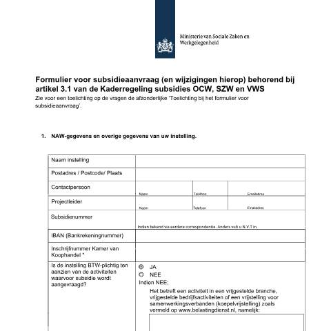 Documentvoorvertoning: Aanvraagformulier SZW-subsidie - Kaderregeling OCW, SZW en VWS — Overig, Nederland