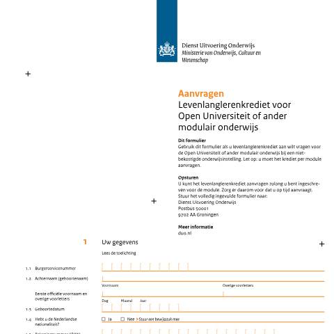 Documentvoorvertoning: Aanvragen levenlanglerenkrediet voor Open Universiteit of ander modulair onderwijs — DUO — Formulieren studiefinanciering hbo en universiteit, Nederland