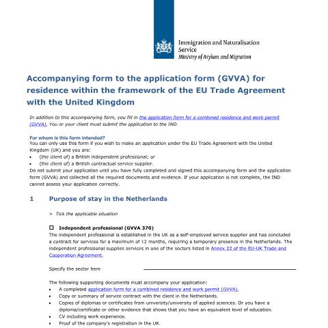 Documentvoorvertoning: Accompanying form to the application form (GVVA) for residence within the framework of the EU Trade Agreement with the United Kingdom — IND — immigratie, Nederland (CERFA n°7572)