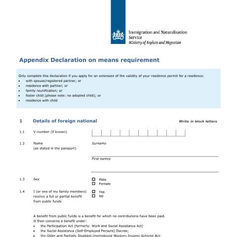 Documentvoorvertoning: Appendix Declaration on means requirement — IND — immigratie, Nederland (CERFA n°7627)