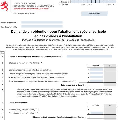 Aperçu du document Demande pour l'abattement spécial agricole en cas d'aides à l'installation — Annexes et bonifications d'impôt, Luxembourg (CERFA n°146 F)