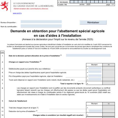 Aperçu du document Demande pour l'abattement spécial agricole en cas d'aides à l'installation — Annexes et bonifications d'impôt, Luxembourg (CERFA n°146 F)