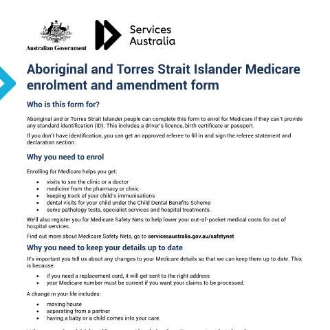 Document preview: Aboriginal and Torres Strait Islander Medicare enrolment and amendment — Services Australia — Individuals (by code), Australia (CERFA n°MS018)