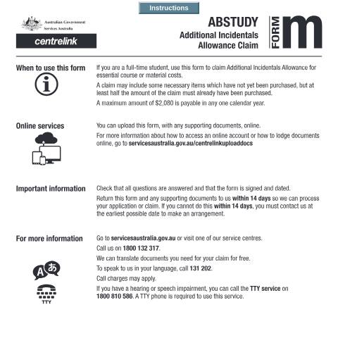 Document preview: ABSTUDY Additional Incidentals Allowance Claim — Services Australia — Individuals (by code), Australia (CERFA n°SY031)