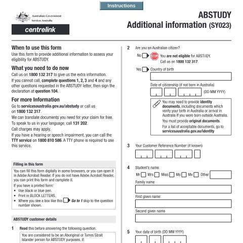 Document preview: ABSTUDY - Additional information — Services Australia — Individuals (by code), Australia (CERFA n°SY023)