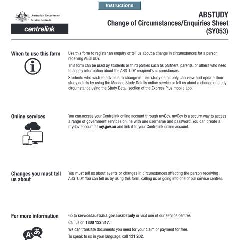 Document preview: ABSTUDY Change of circumstances or enquiries — Services Australia — Individuals (by code), Australia (CERFA n°SY053)