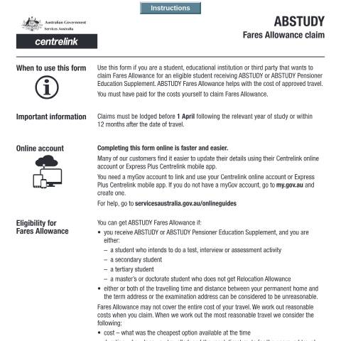 Document preview: ABSTUDY Fares Allowance Claim — Services Australia — Individuals (by code), Australia (CERFA n°SY032)